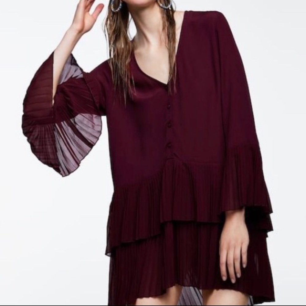 Zara Burgundy Pleated Mini Dress